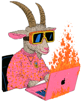 A goggle-wearing goat building on a flaming laptop