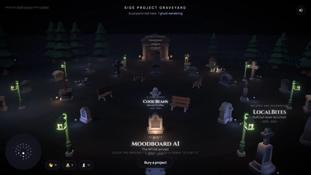Side Project Graveyard interface from the original project gallery