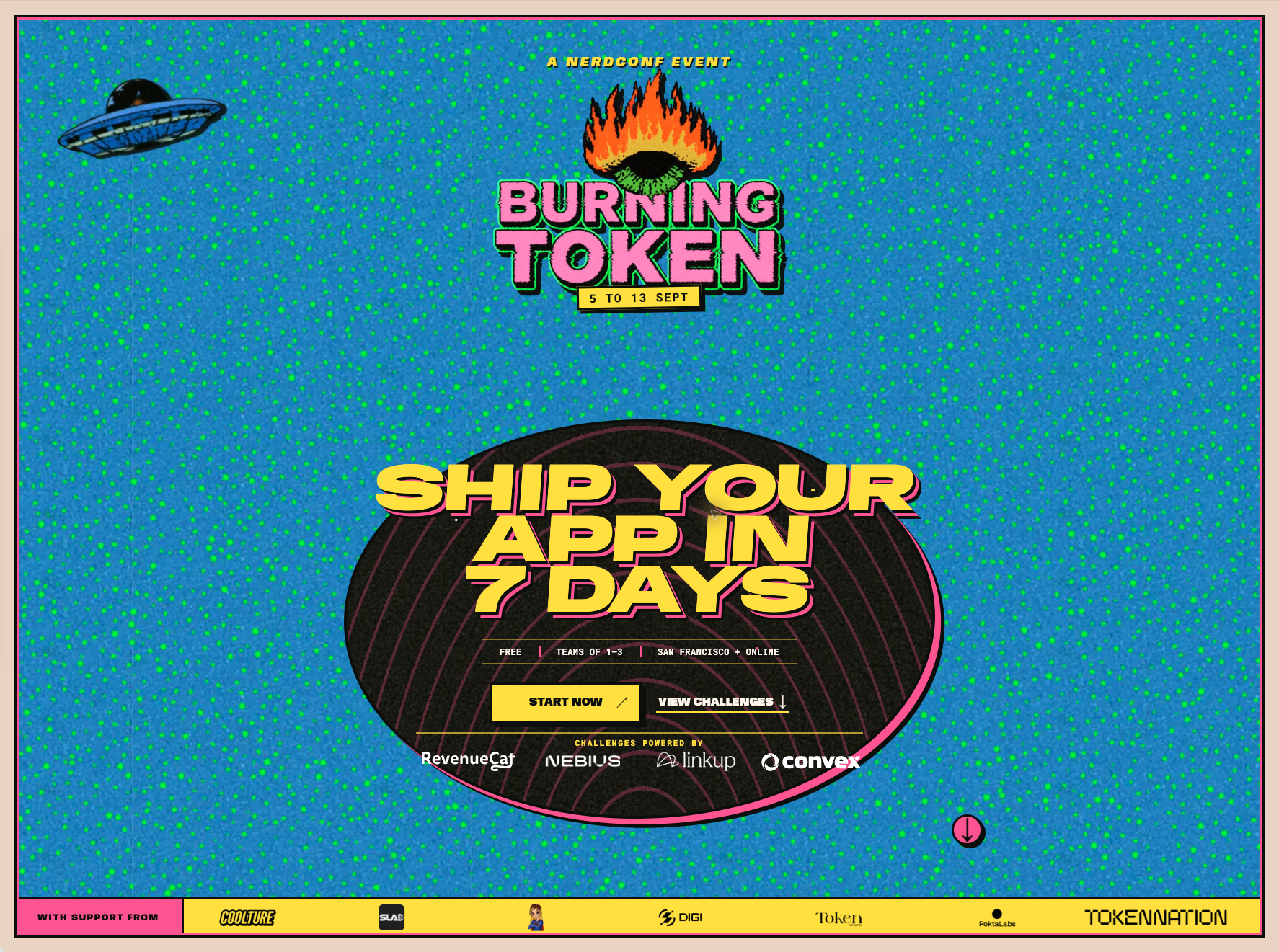 Original Burning Token event website with the burning eye, project invitation and sponsor logos.
